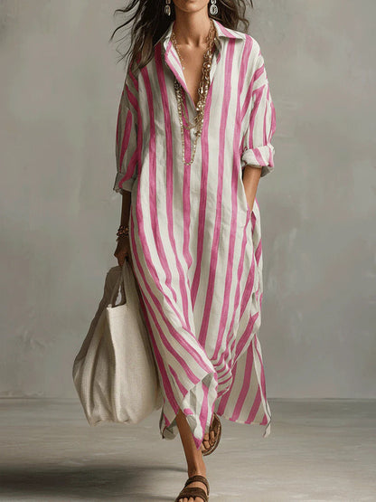 Hyacinth | Striped Linen-Style Maxi Shirt Dress with Pockets