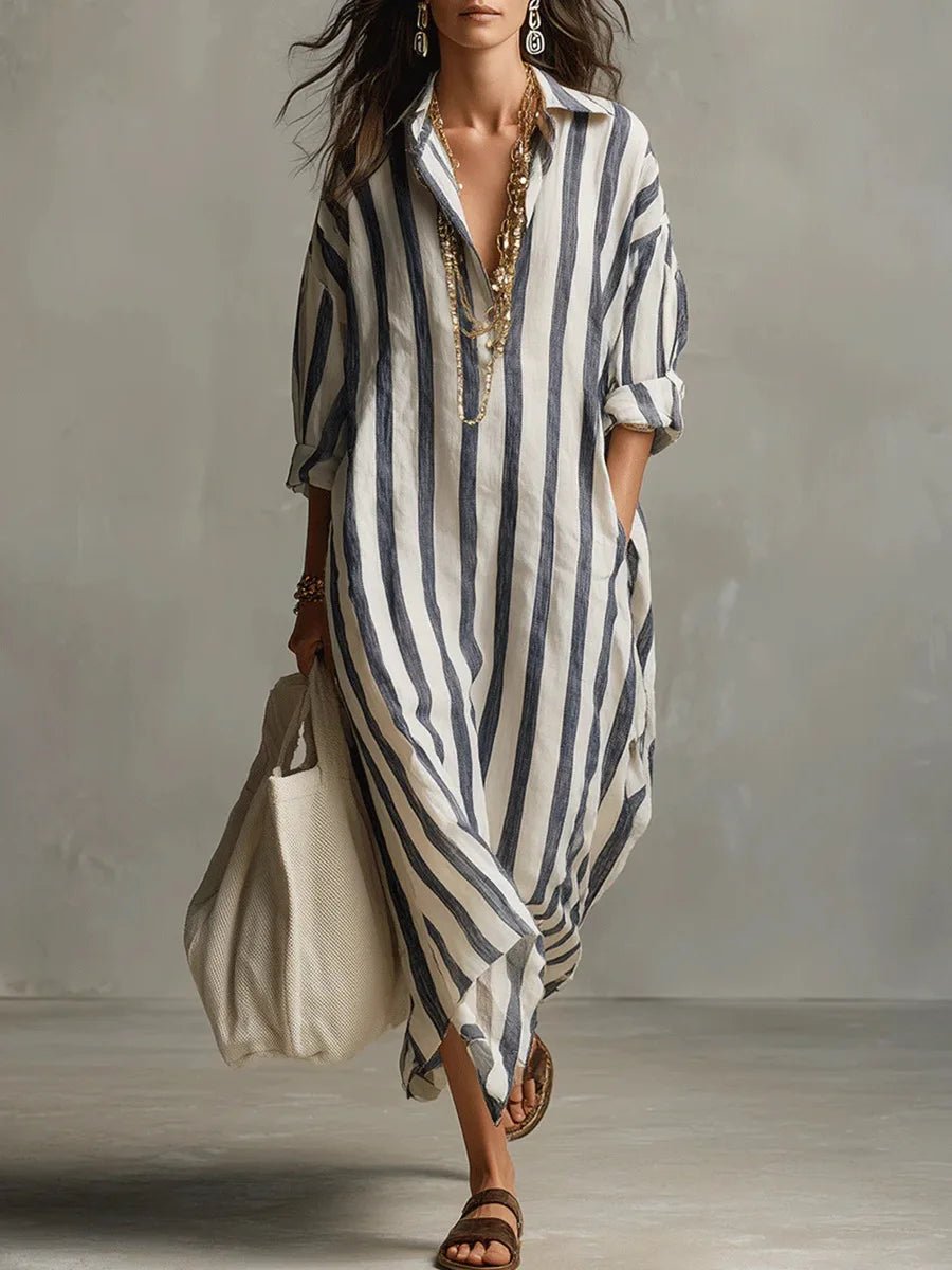 Hyacinth | Striped Linen-Style Maxi Shirt Dress with Pockets
