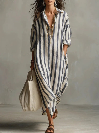 Hyacinth | Striped Linen-Style Maxi Shirt Dress with Pockets