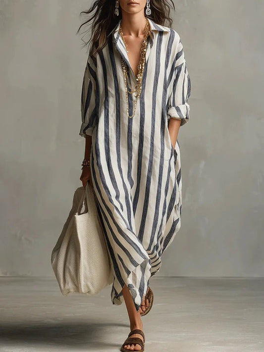 Hyacinth | Striped Linen-Style Maxi Shirt Dress with Pockets