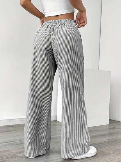 Isa | Striped Wide Leg Linen-Style Trousers with Patch Pockets