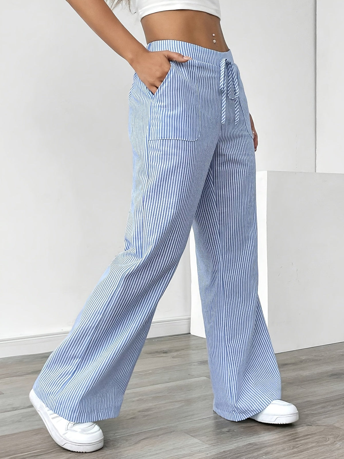 Isa | Striped Wide Leg Linen-Style Trousers with Patch Pockets