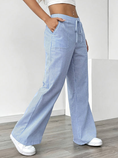 Isa | Striped Wide Leg Linen-Style Trousers with Patch Pockets