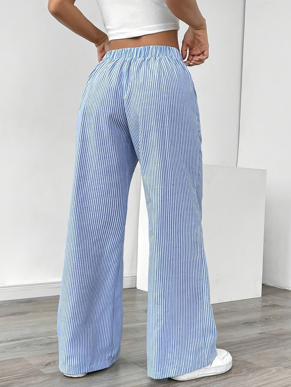 Isa | Striped Wide Leg Linen-Style Trousers with Patch Pockets