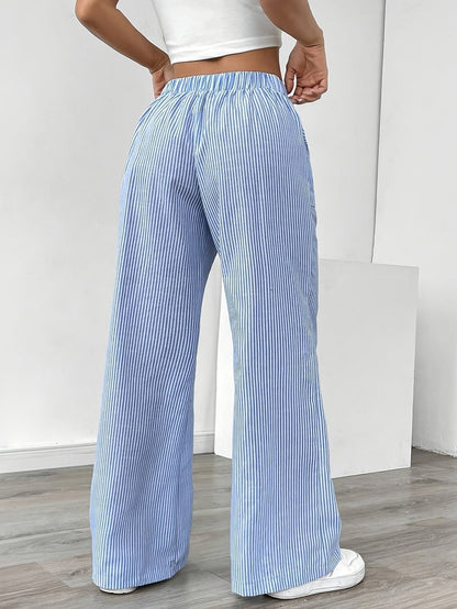 Isa | Striped Wide Leg Linen-Style Trousers with Patch Pockets