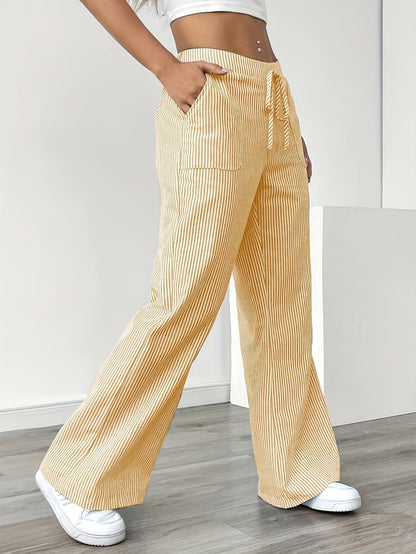 Isa | Striped Wide Leg Linen-Style Trousers with Patch Pockets