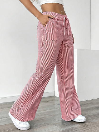Isa | Striped Wide Leg Linen-Style Trousers with Patch Pockets