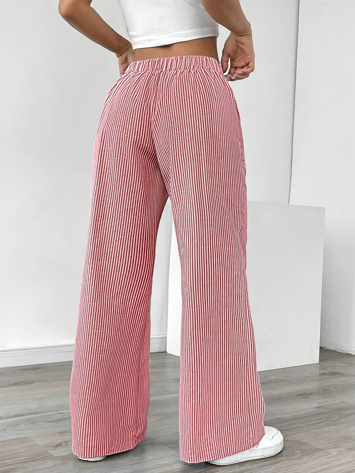 Isa | Striped Wide Leg Linen-Style Trousers with Patch Pockets
