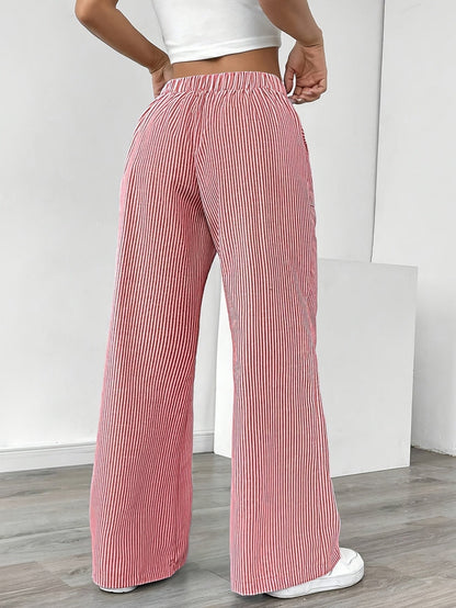 Isa | Striped Wide Leg Linen-Style Trousers with Patch Pockets