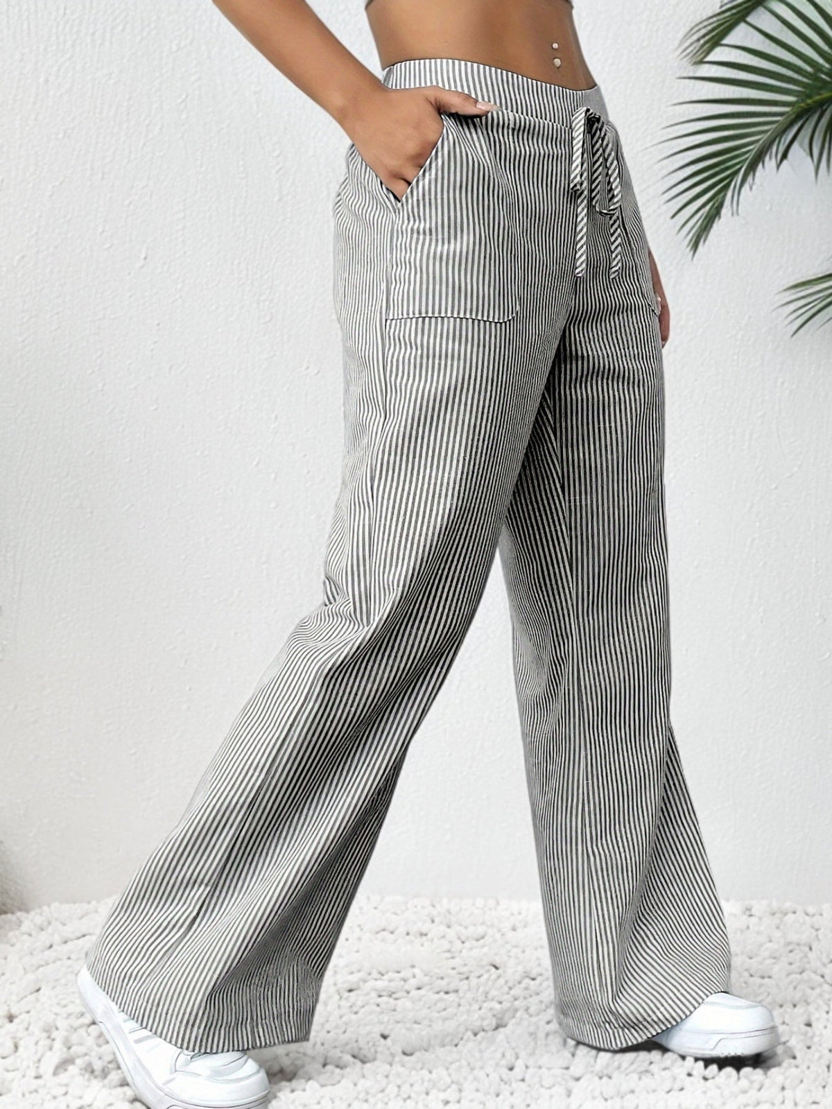 Isa | Striped Wide Leg Linen-Style Trousers with Patch Pockets