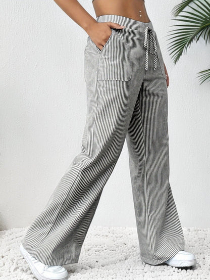 Isa | Striped Wide Leg Linen-Style Trousers with Patch Pockets