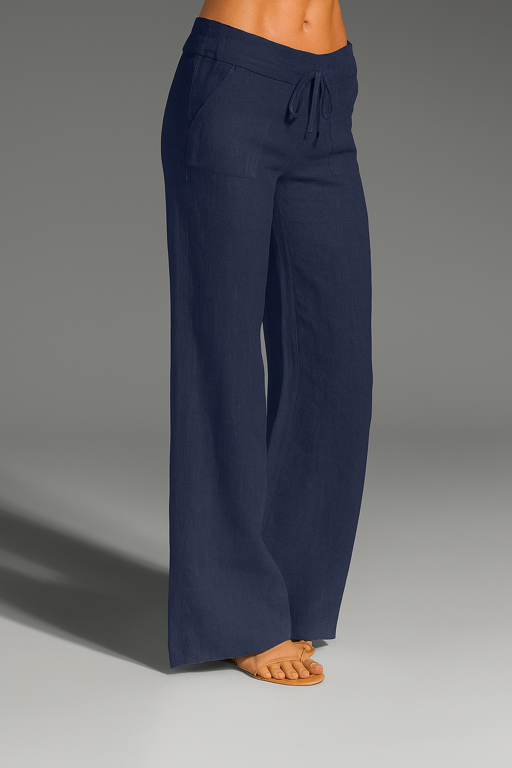 Bree | Wide Leg Linen-Style Drawstring Trousers with Patch Pockets