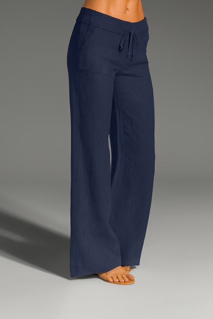 Bree | Wide Leg Linen-Style Drawstring Trousers with Patch Pockets