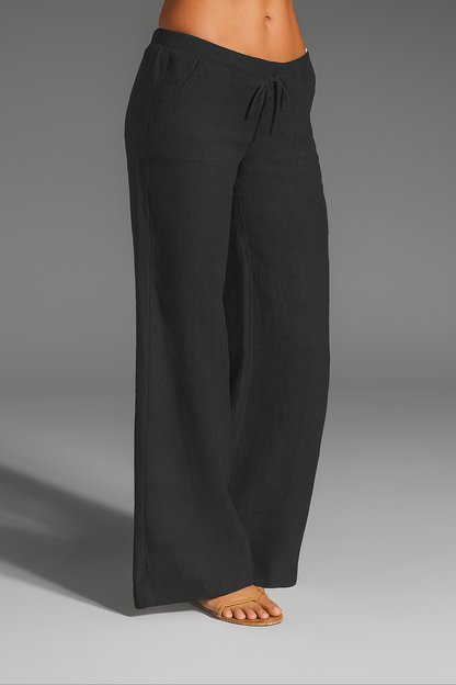 Bree | Wide Leg Linen-Style Drawstring Trousers with Patch Pockets