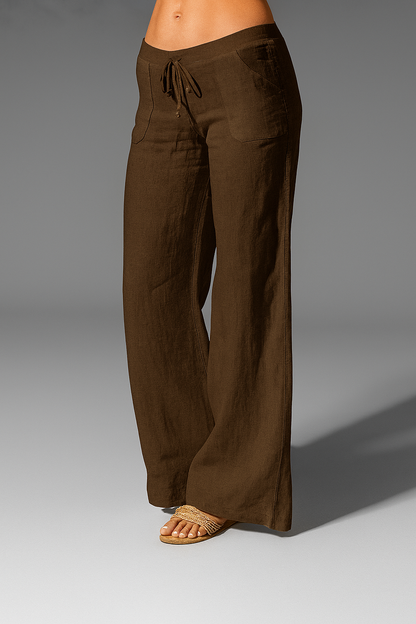 Bree | Wide Leg Linen-Style Drawstring Trousers with Patch Pockets