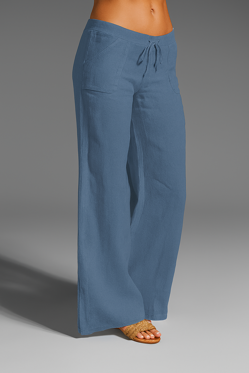 Bree | Wide Leg Linen-Style Drawstring Trousers with Patch Pockets