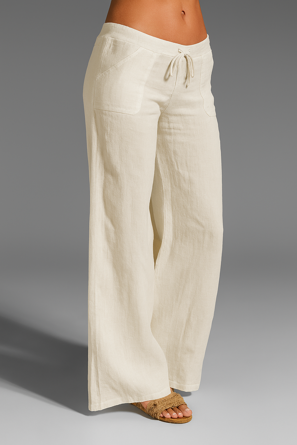 Bree | Wide Leg Linen-Style Drawstring Trousers with Patch Pockets