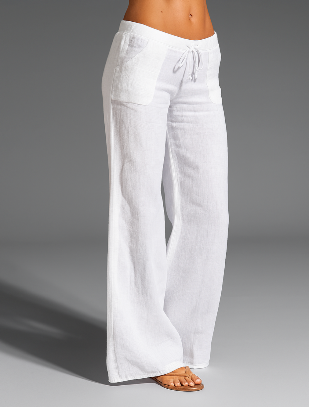 Bree | Wide Leg Linen-Style Drawstring Trousers with Patch Pockets