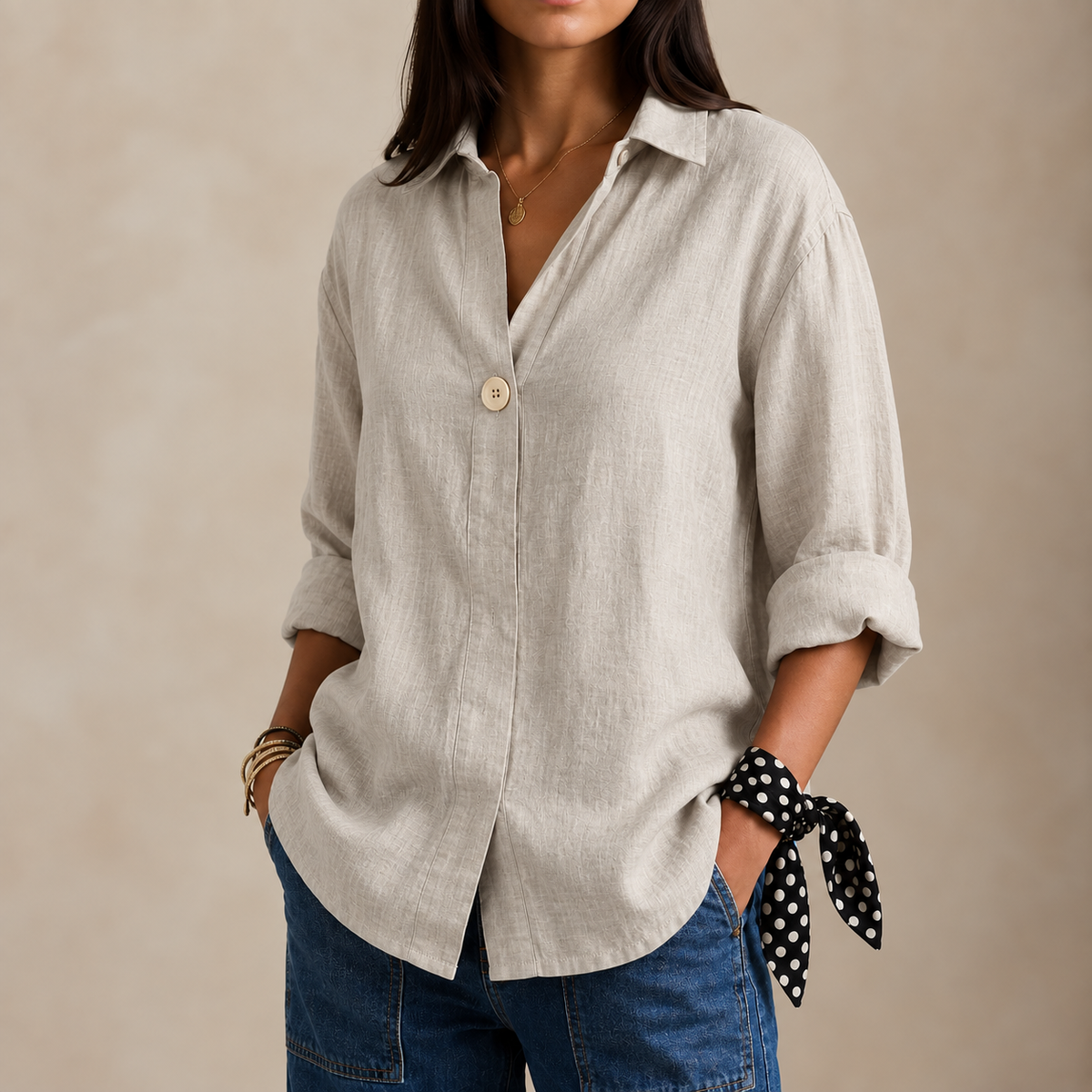 Adelina | Linen-Style V-Neck Blouse with Single Button