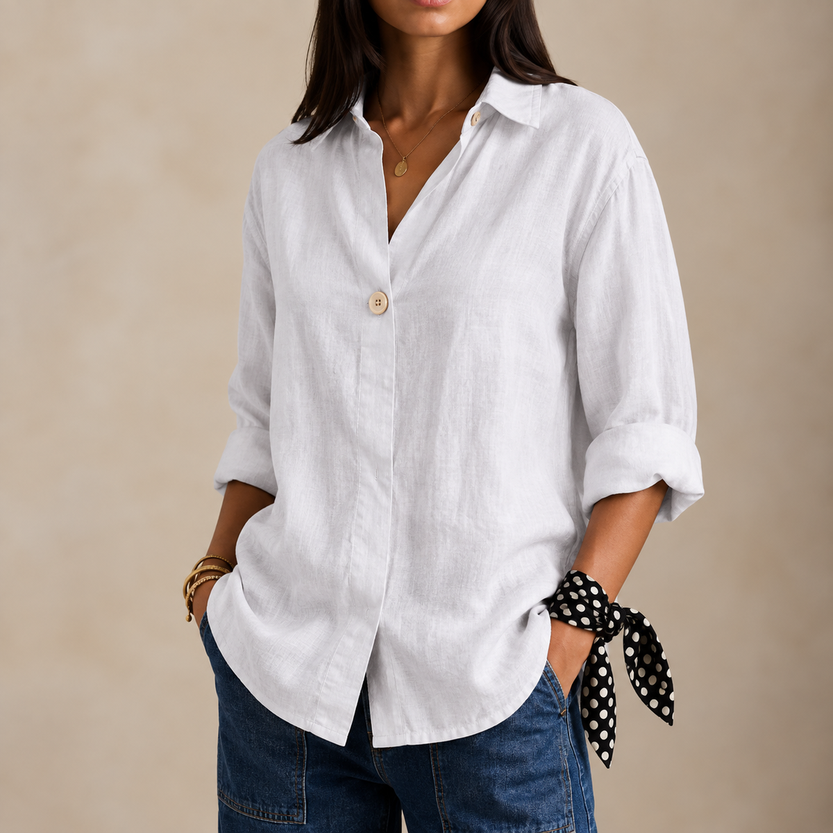 Adelina | Linen-Style V-Neck Blouse with Single Button