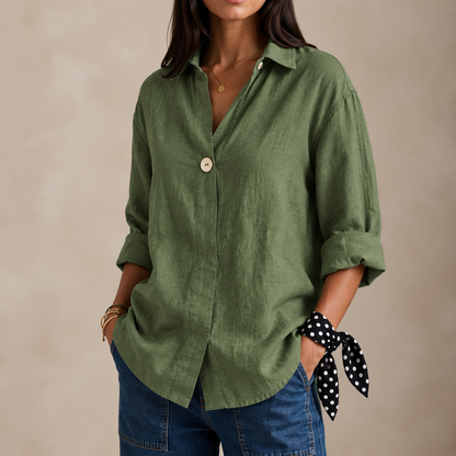 Adelina | Linen-Style V-Neck Blouse with Single Button