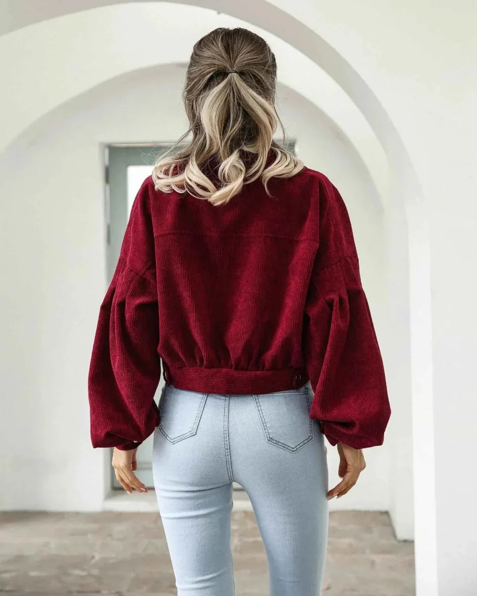 Retro Cropped-Cut Corduroy Jacket Featuring Button Front and Balloon Sleeves