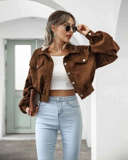 Retro Cropped-Cut Corduroy Jacket Featuring Button Front and Balloon Sleeves
