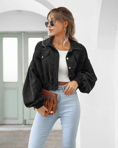 Retro Cropped-Cut Corduroy Jacket Featuring Button Front and Balloon Sleeves