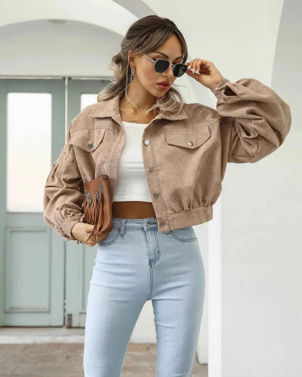Retro Cropped-Cut Corduroy Jacket Featuring Button Front and Balloon Sleeves