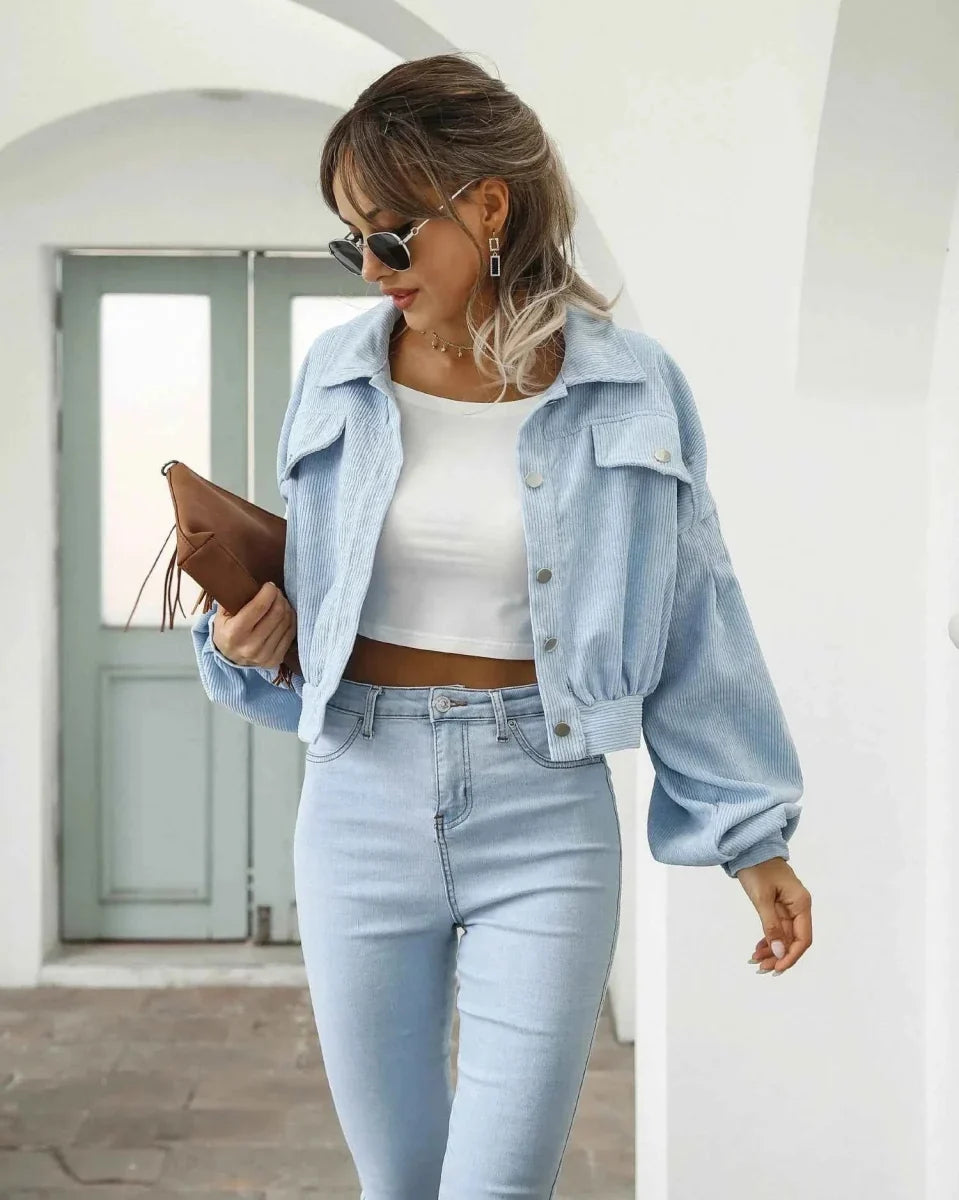 Retro Cropped-Cut Corduroy Jacket Featuring Button Front and Balloon Sleeves