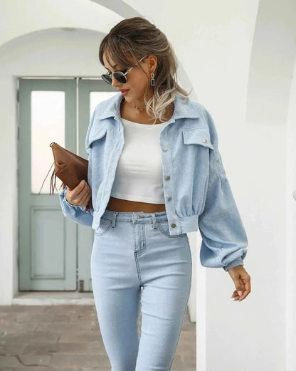 Retro Cropped-Cut Corduroy Jacket Featuring Button Front and Balloon Sleeves