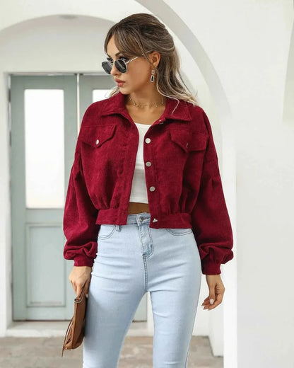Retro Cropped-Cut Corduroy Jacket Featuring Button Front and Balloon Sleeves