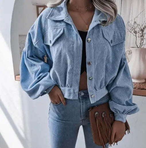 Kayleigh | Retro Cropped Corduroy Jacket with Elasticated Hem and Chest Pockets