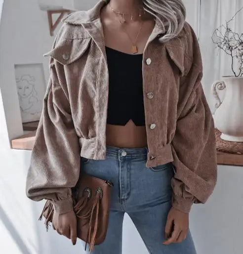 Kayleigh | Retro Cropped Corduroy Jacket with Elasticated Hem and Chest Pockets