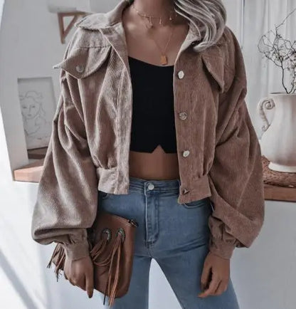 Kayleigh | Retro Cropped Corduroy Jacket with Elasticated Hem and Chest Pockets