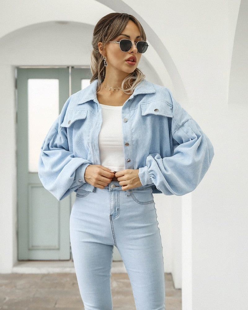 Daisy | Retro Cropped Corduroy Jacket with Puff Sleeves