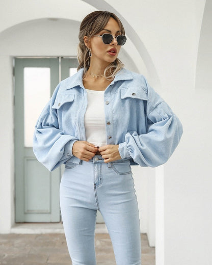 Daisy | Retro Cropped Corduroy Jacket with Puff Sleeves