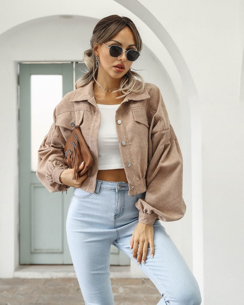 Daisy | Retro Cropped Corduroy Jacket with Puff Sleeves