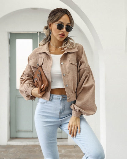 Daisy | Retro Cropped Corduroy Jacket with Puff Sleeves