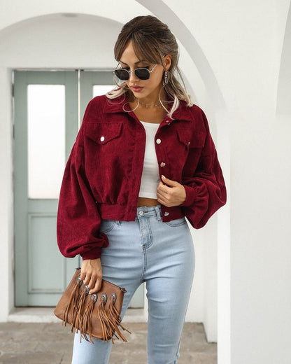 Daisy | Retro Cropped Corduroy Jacket with Puff Sleeves