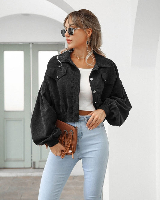 Daisy | Retro Cropped Corduroy Jacket with Puff Sleeves