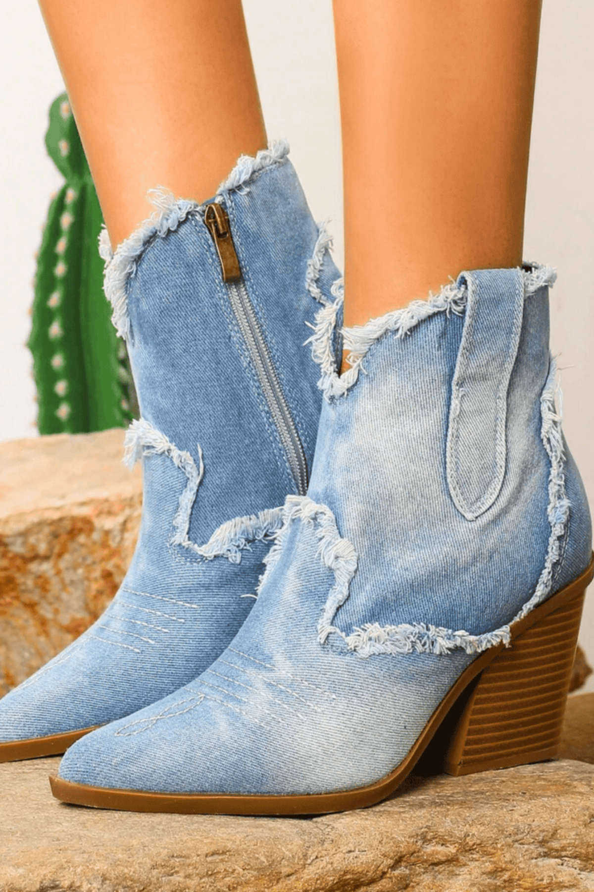Sophie | Retro Denim Western Ankle Boots with Frayed Edge Detail