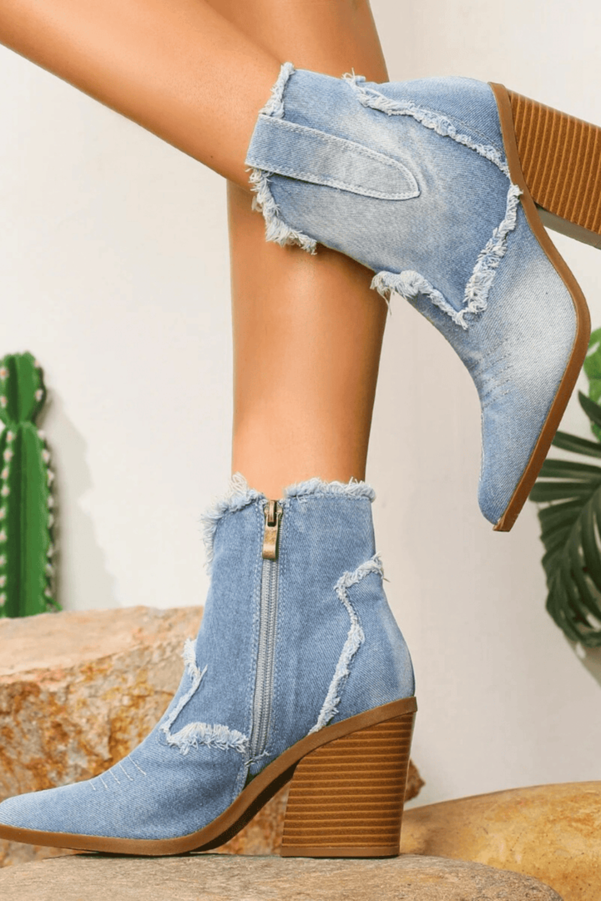 Sophie | Retro Denim Western Ankle Boots with Frayed Edge Detail