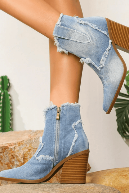 Sophie | Retro Denim Western Ankle Boots with Frayed Edge Detail