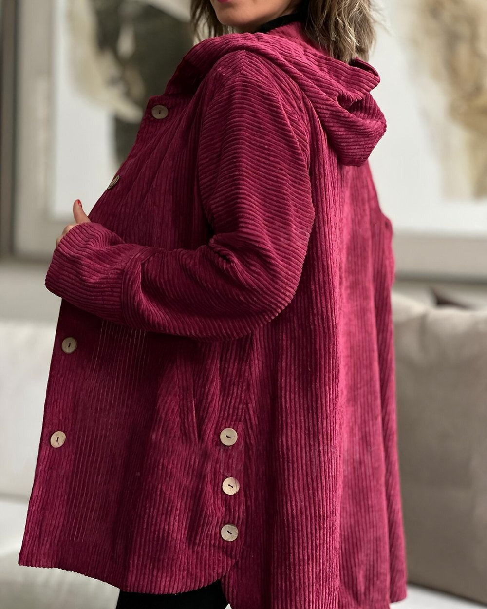 Abigail | Retro Hooded Corduroy Jacket with Wooden Buttons
