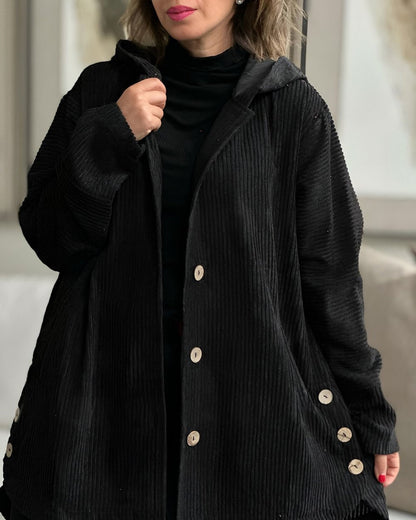 Abigail | Retro Hooded Corduroy Jacket with Wooden Buttons