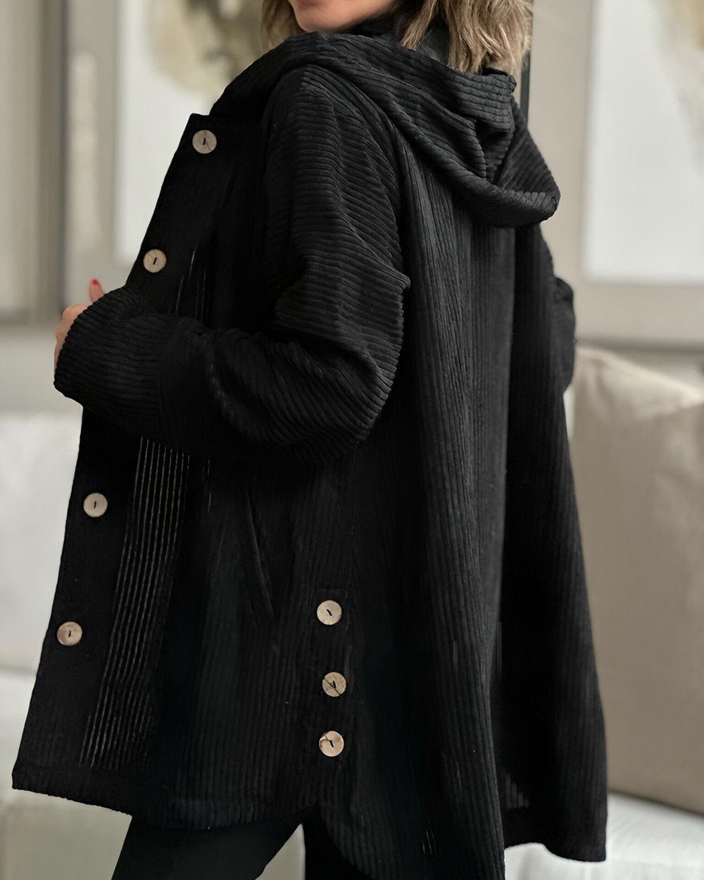 Abigail | Retro Hooded Corduroy Jacket with Wooden Buttons