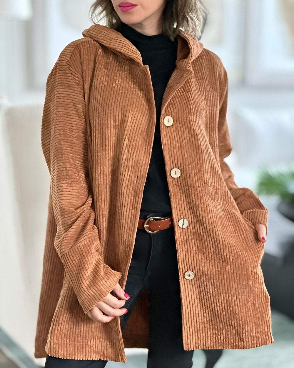 Abigail | Retro Hooded Corduroy Jacket with Wooden Buttons