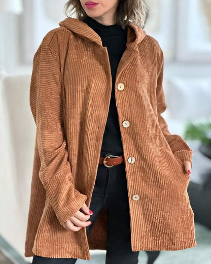 Abigail | Retro Hooded Corduroy Jacket with Wooden Buttons