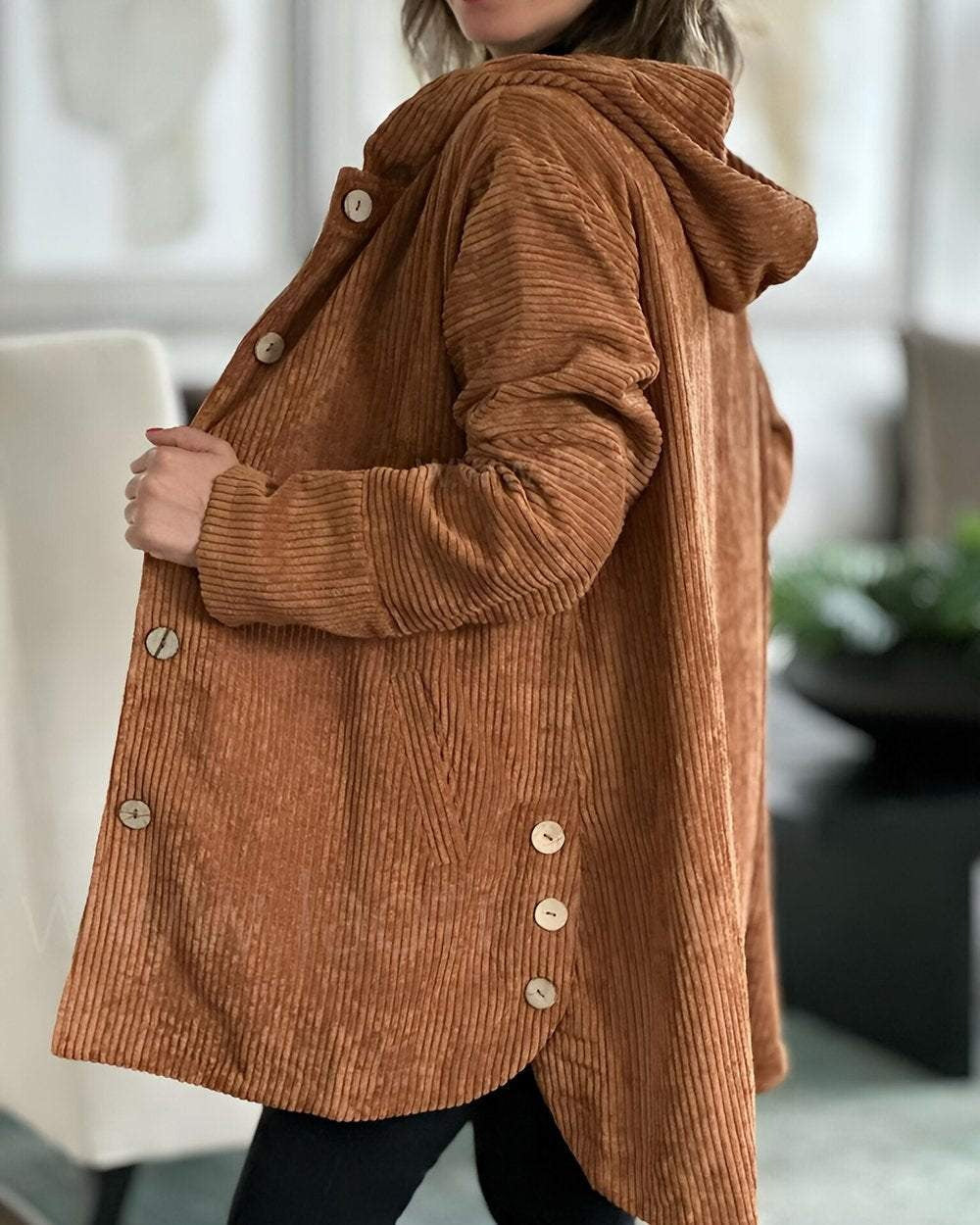 Abigail | Retro Hooded Corduroy Jacket with Wooden Buttons